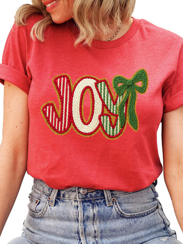 Ink Printed Image NOT a Yarn Patch Joy Holiday Shirt for Women, Teens & Kids Christmas Tee