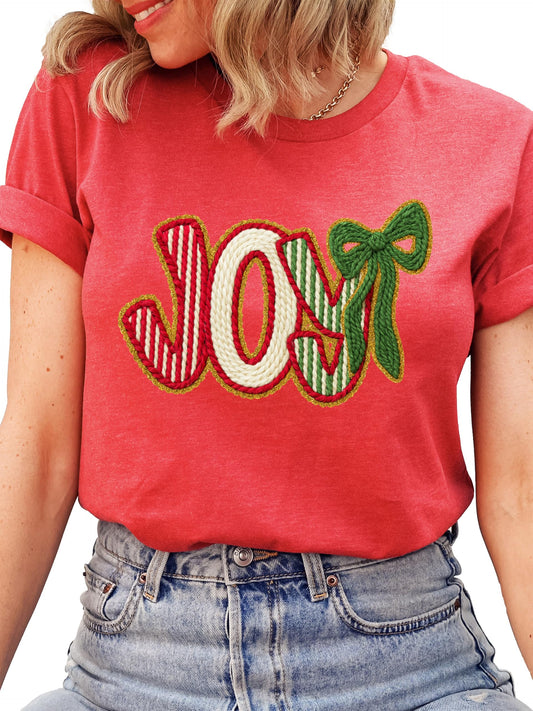 Ink Printed Image NOT a Yarn Patch Joy Holiday Shirt for Women, Teens & Kids Christmas Tee