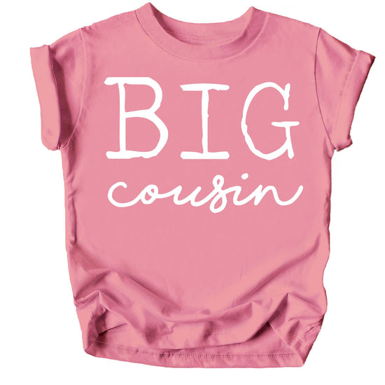 Close-up of white Big Cousin graphic print on soft mauve kids t-shirt