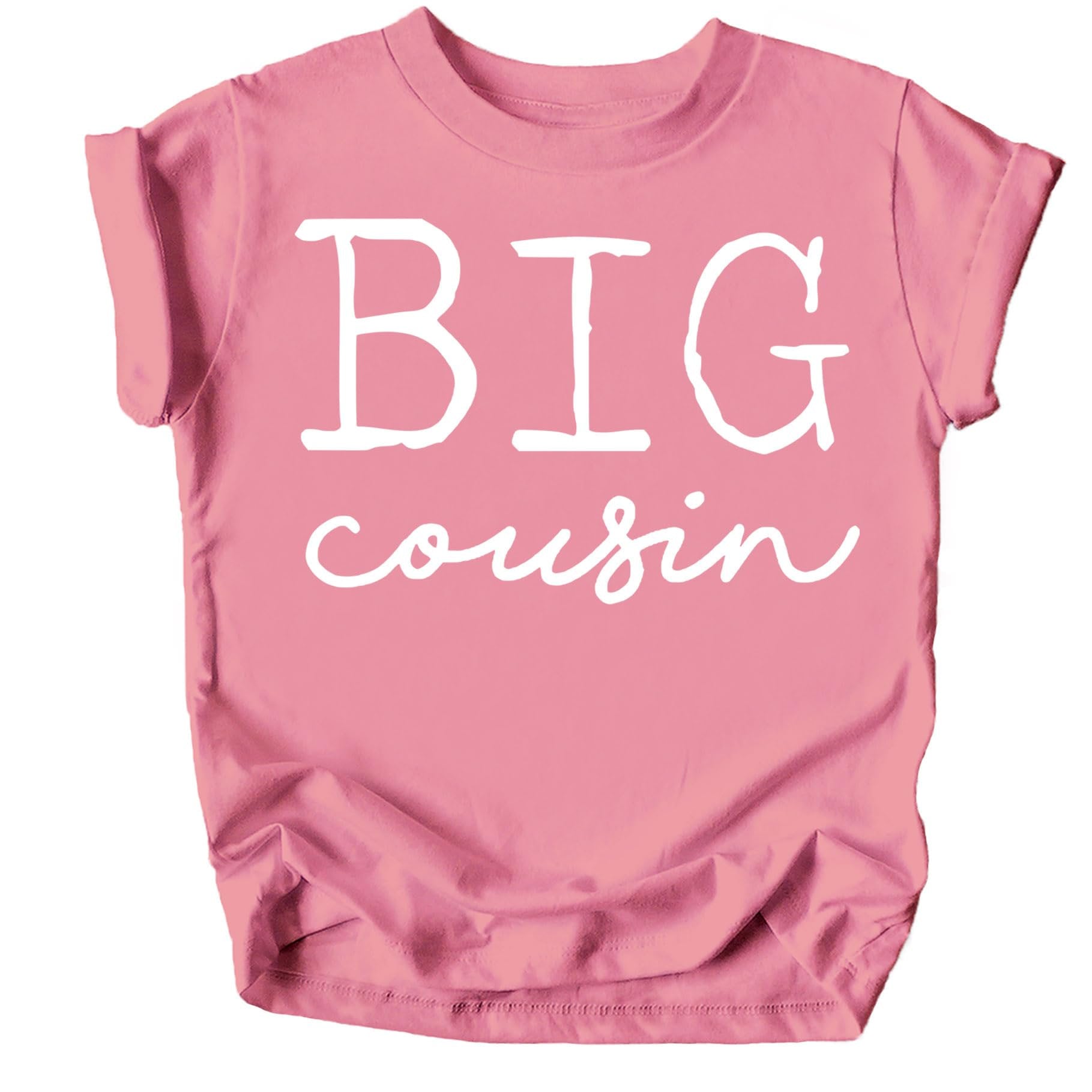Close-up of white Big Cousin graphic print on soft mauve kids t-shirt
