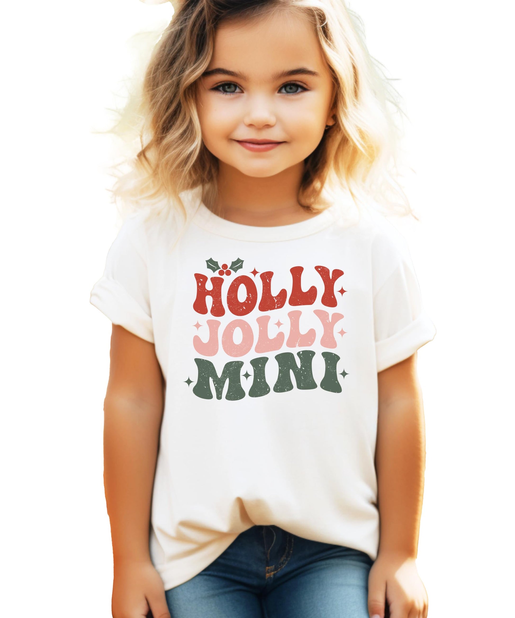 Holly Jolly Mistletoe mama and mini matching Christmas tees displayed together for family outfit inspo