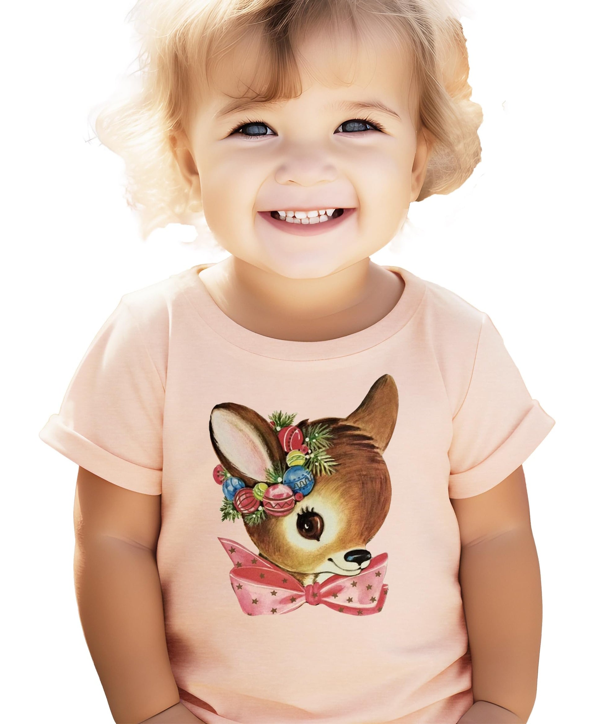 Close-up of reindeer wreath graphic print on peach kids Christmas t-shirt showing print quality detail