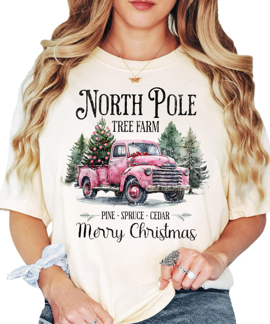 Women's red truck Christmas t-shirt with North Pole Tree Farm vintage design on light colored tee