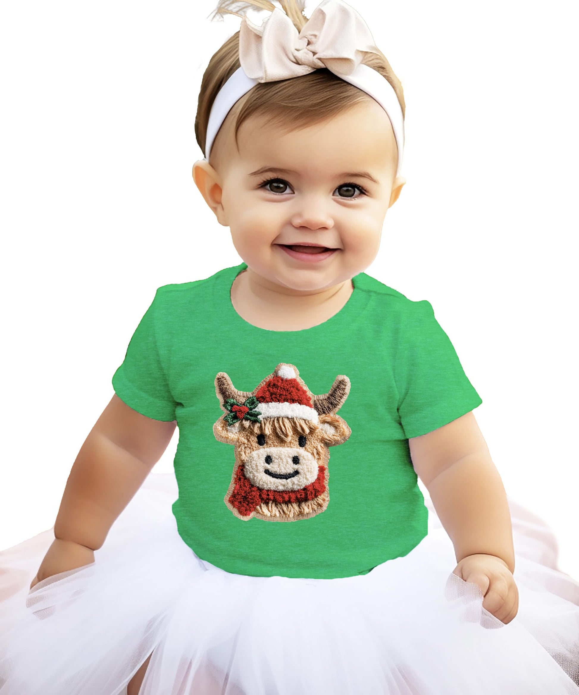 Detail shot of faux yarn style cow holiday print on kids red Christmas shirt