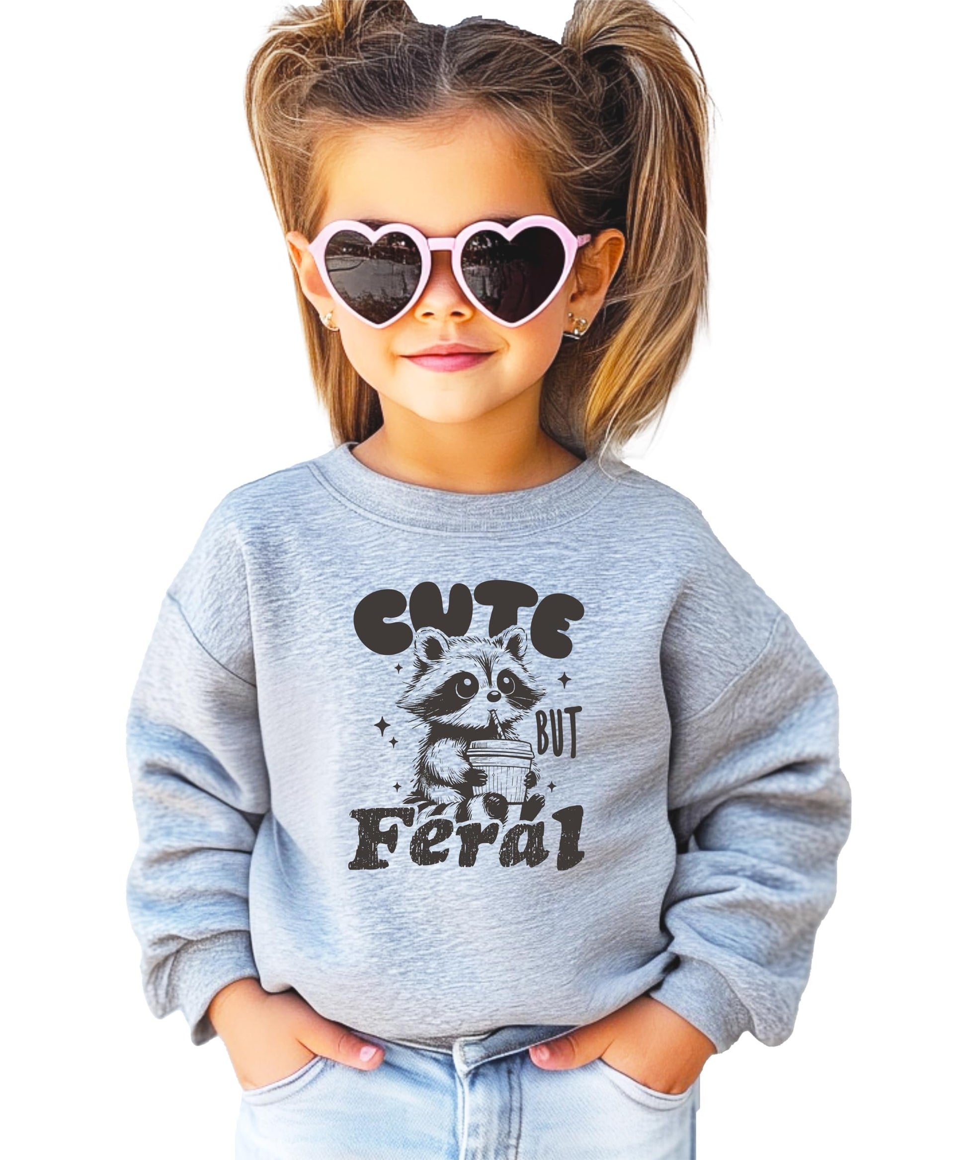 Side or alternate view of youth Cute But Feral raccoon sweatshirt showing fit and color