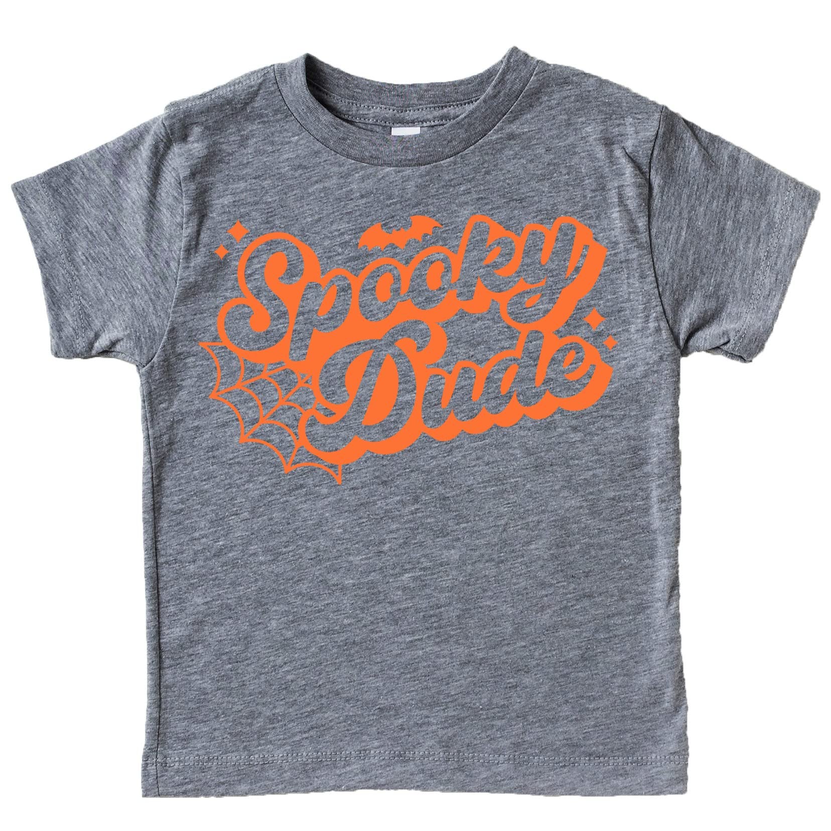 Flat lay of retro spooky dude Halloween shirt in burgundy for baby and toddler boys