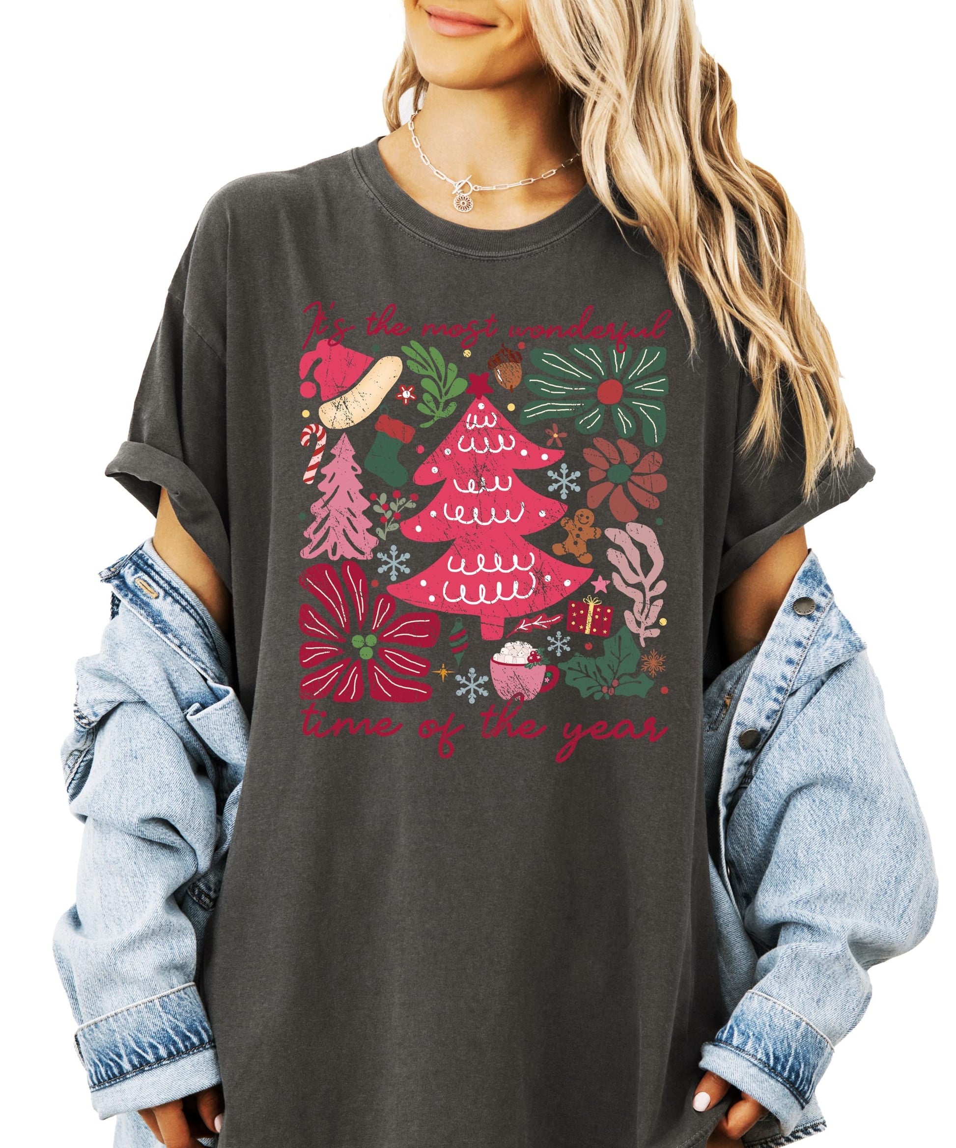Ivory women's Christmas graphic tee with holiday collage and 'It's the Most Wonderful Time of the Year' text