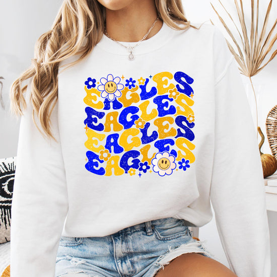 Flat lay of gray Eagles retro sweatshirt showing full graphic design