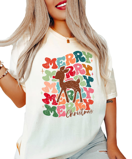 Front view of retro-style Christmas shirt for women featuring a playful red-nosed reindeer graphic