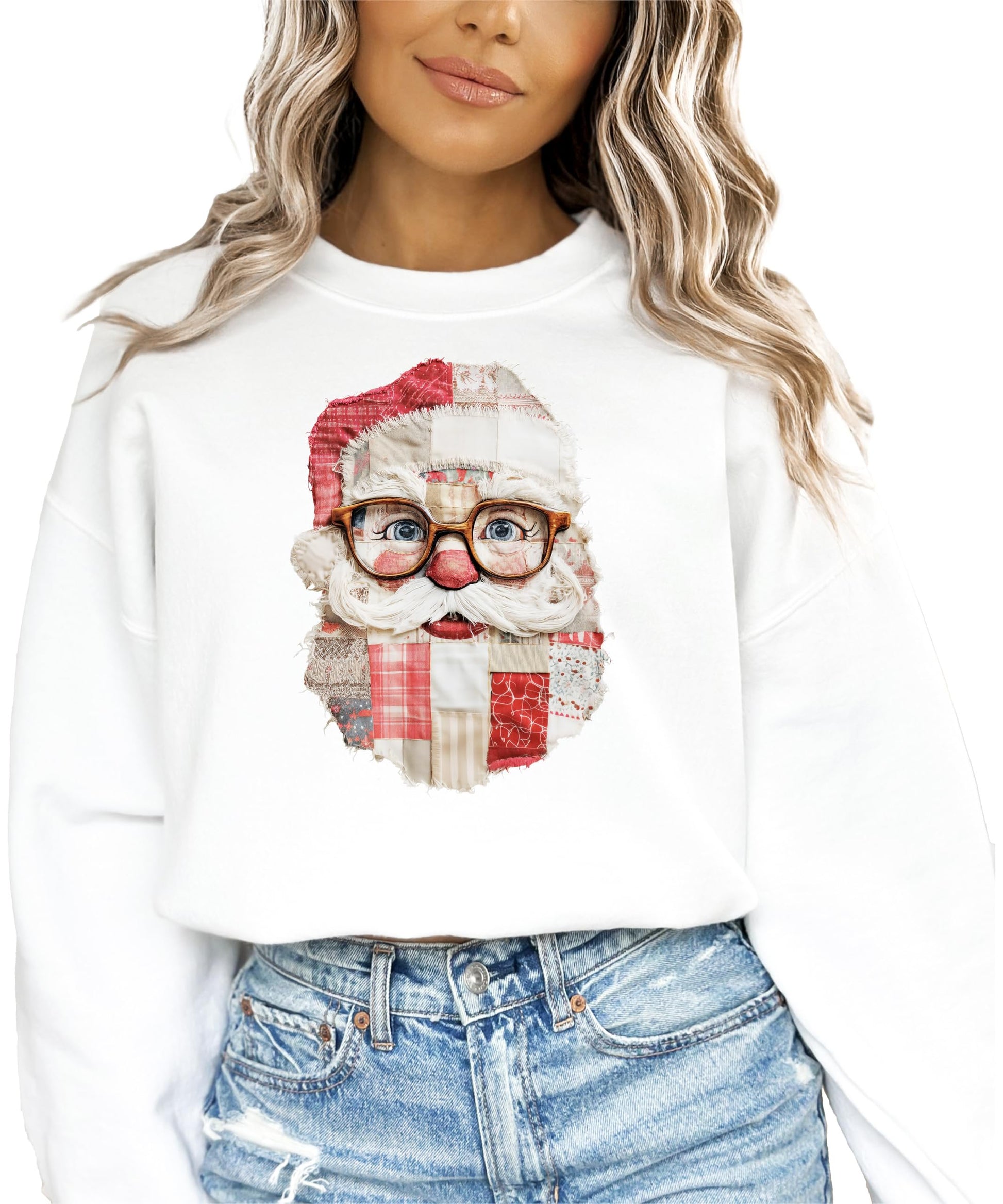 Women's black Santa sweatshirt laid flat showing full faux patchwork Christmas graphic design detail