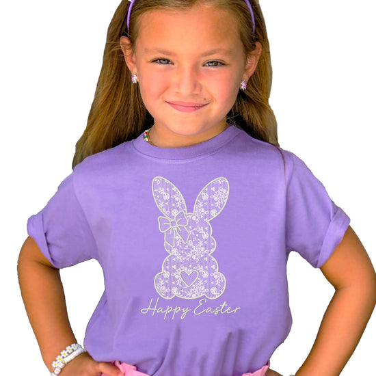 Close-up of lace bunny graphic with heart and bow Easter shirt design