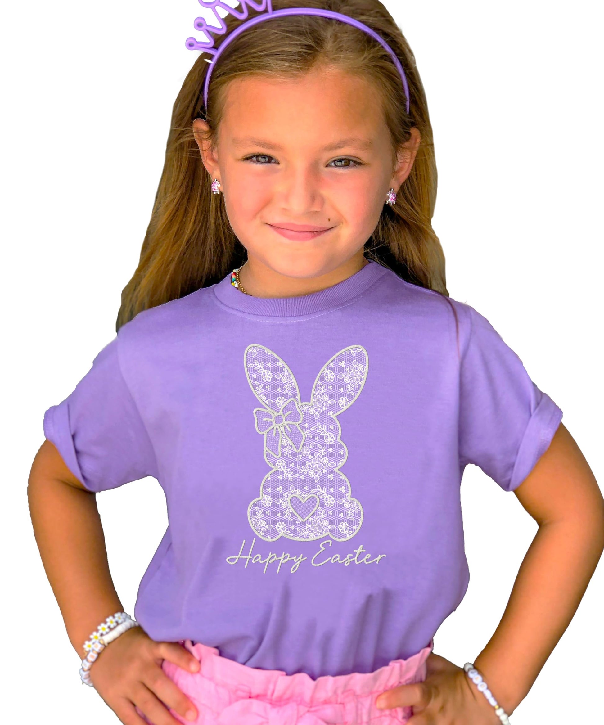 Close-up of lace bunny graphic with heart and bow Easter shirt design