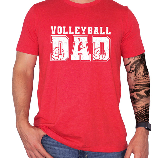 Side angle of red volleyball dad shirt displaying distressed print detail