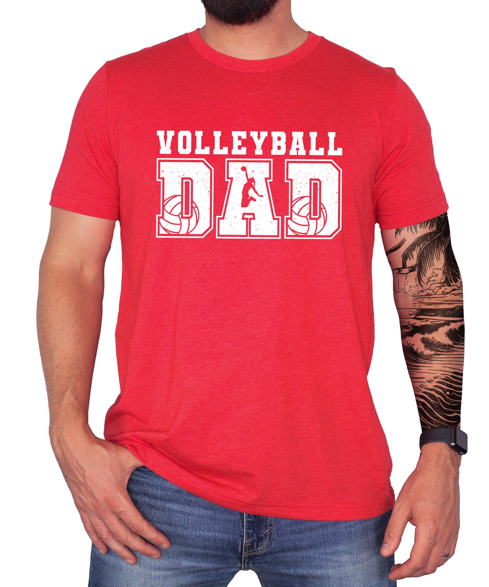 Side angle of red volleyball dad shirt displaying distressed print detail