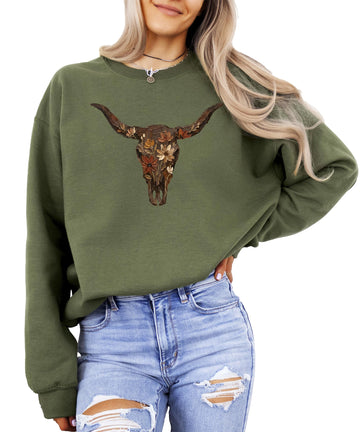 Olive Loves Apple Western Longhorn Skull Sweatshirt for Women Vintage Cow Skull Graphic Pullover
