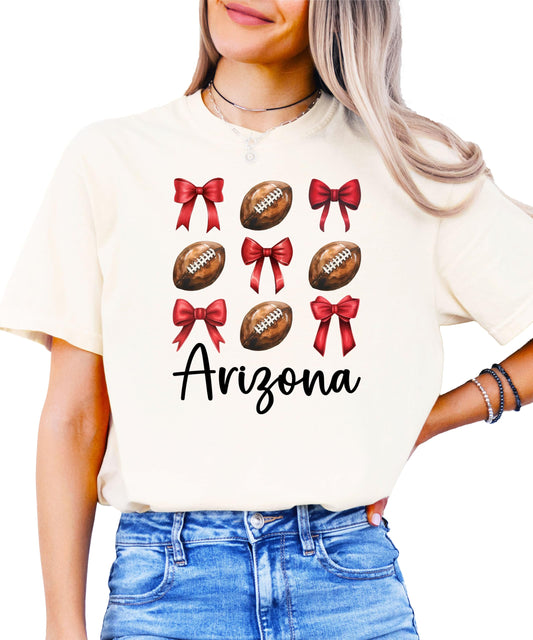 Arizona Football Shirt for Women and Teens Red Bows T-Shirt with Footballs