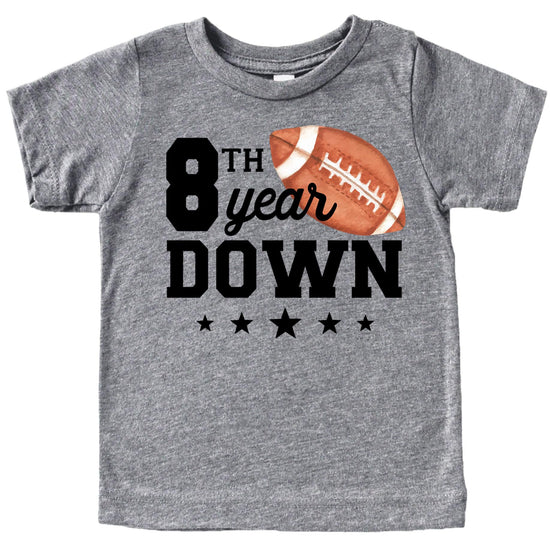 Youth granite heather tee with '8th Year Down' football graphic for 8th birthday