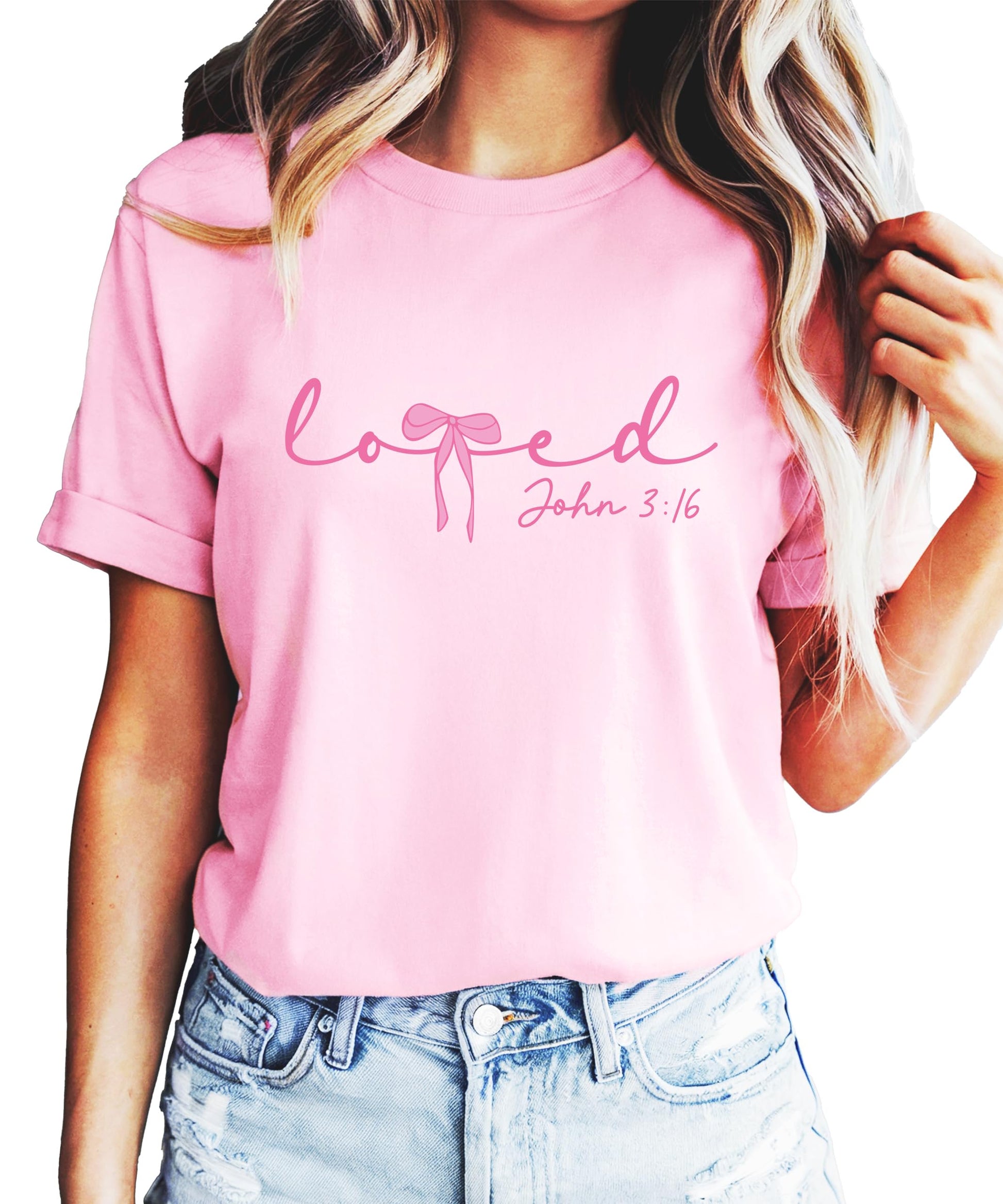 Teen girl wearing pink bow 'Loved' Christian Valentine's Day graphic tee