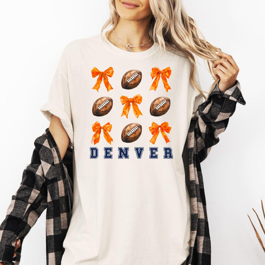 Denver Football Shirt for Women and Teens Orange Bows and Footballs Colorado Team Tee