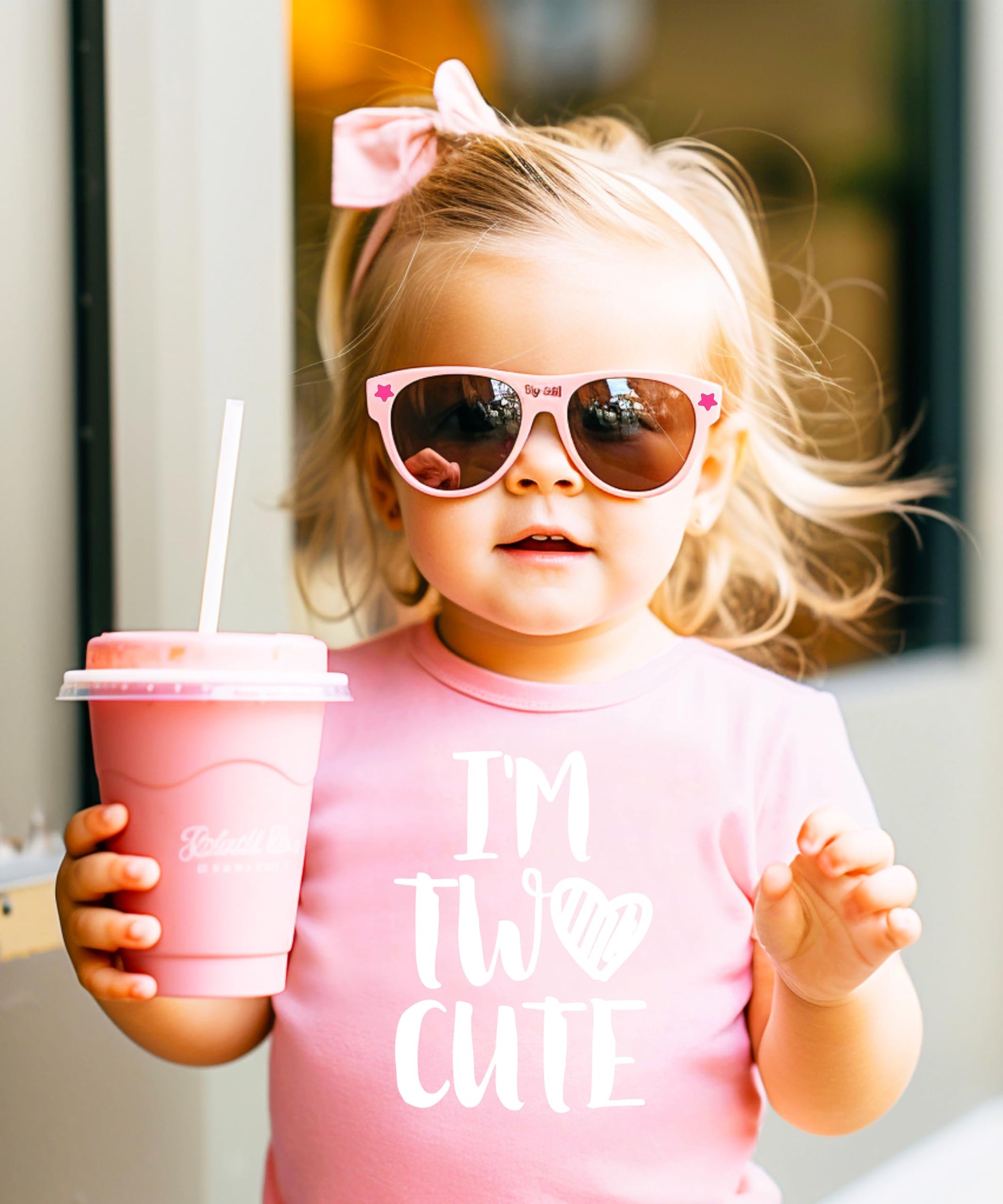Toddler second birthday outfit featuring I'm Two Cute graphic tee in mauve