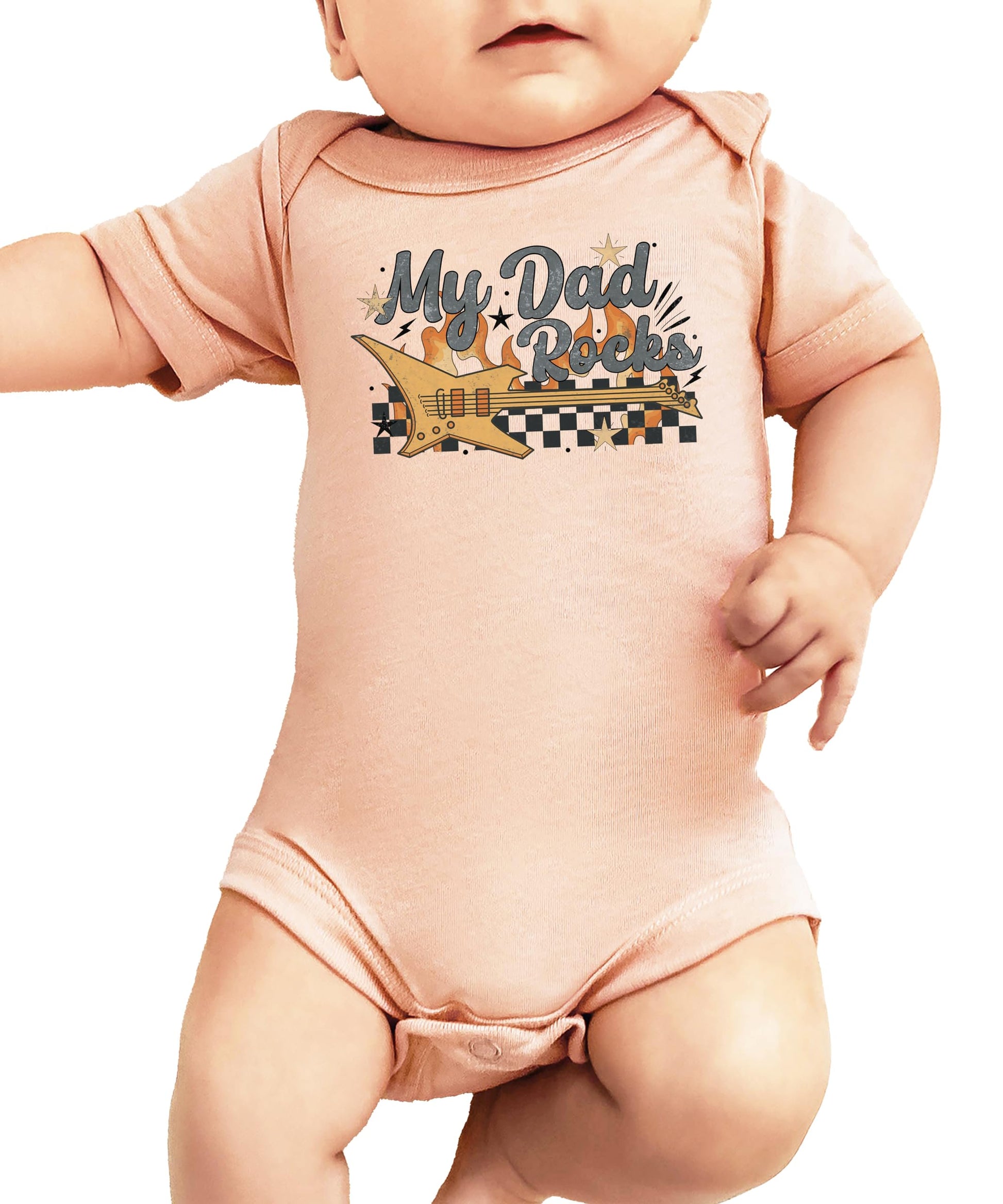 Close-up of rockstar dad retro guitar print on peach infant snap-bottom bodysuit