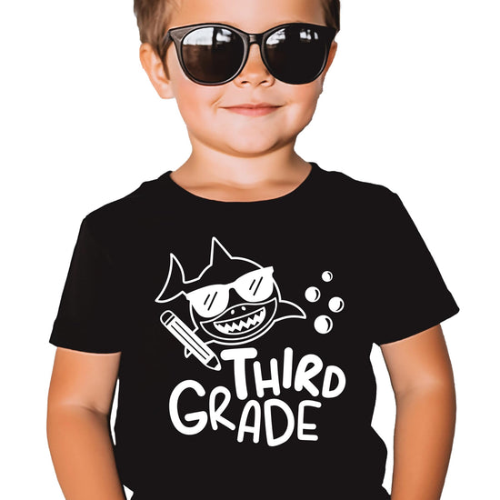 Detail shot of professional print quality on 3rd grade shark kids t-shirt