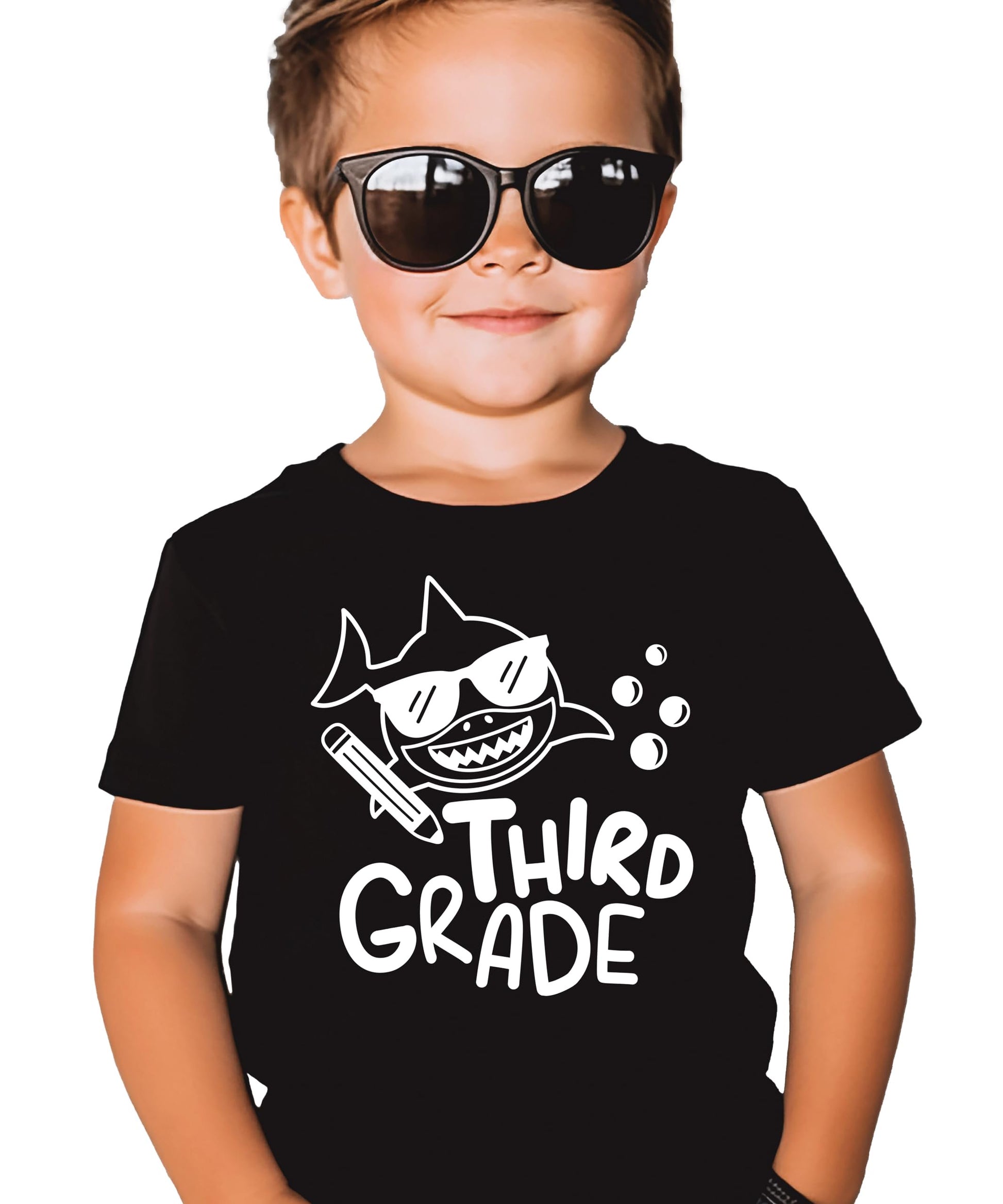 Detail shot of professional print quality on 3rd grade shark kids t-shirt