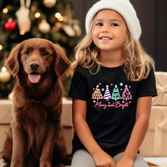 Kids black Christmas tee with electric neon Merry and Bright holiday tree design