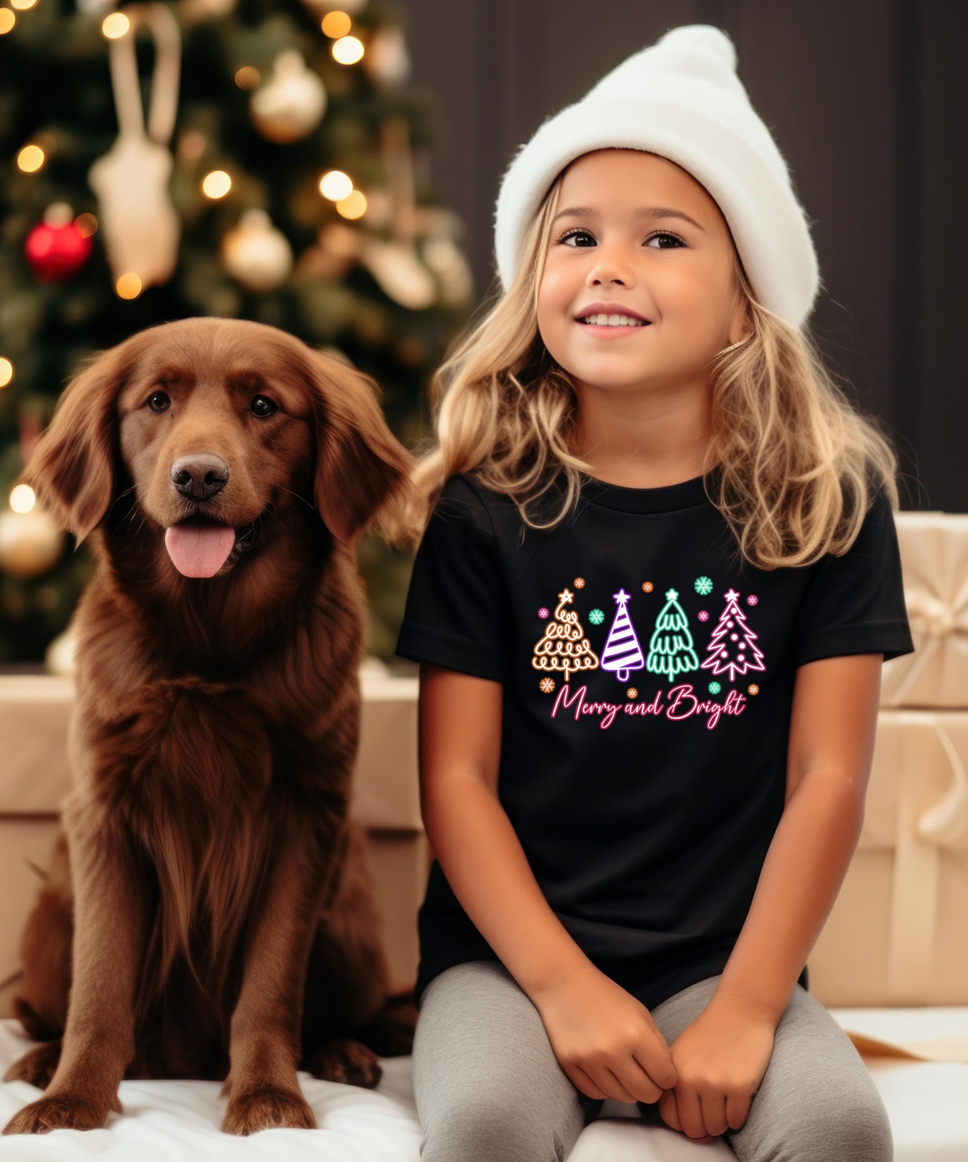 Kids black Christmas tee with electric neon Merry and Bright holiday tree design