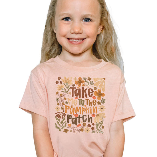 Product mockup of pumpkin patch tee with design details and seasonal autumn theme