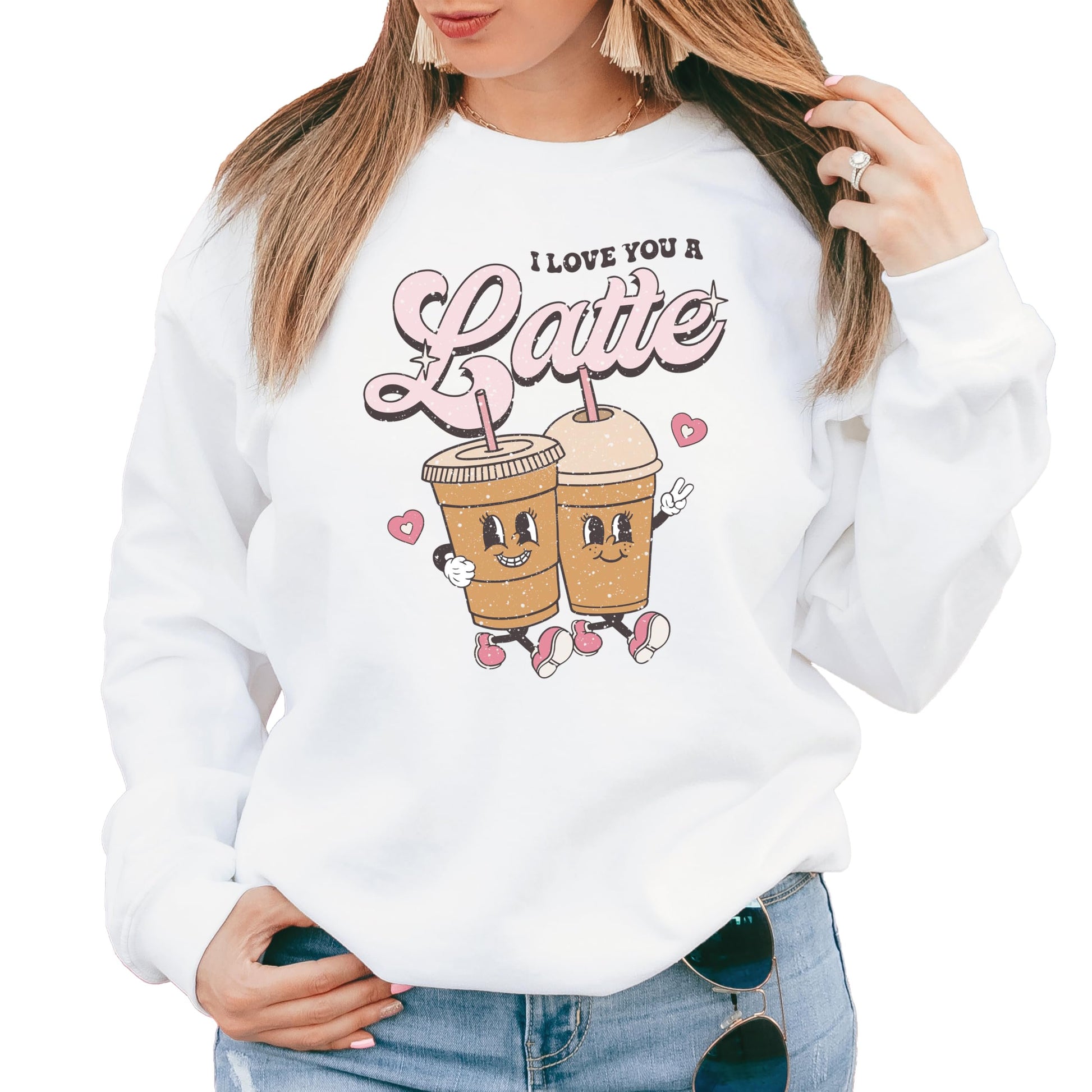 Close-up of I Love You A Latte coffee-themed Valentine's graphic on gray sweatshirt