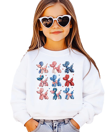Patriotic Balloon Dogs Sweatshirt for Women, Teens, and Kids Fun Red White & Blue Sweater White Sweatshirt Youth Medium