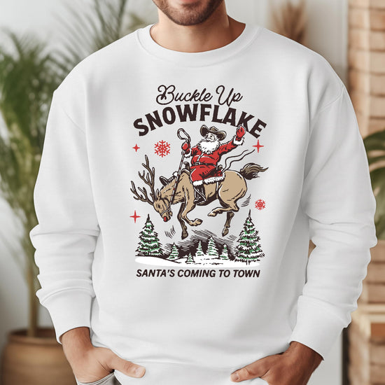 Back or side view of Buckle Up Snowflake unisex holiday sweatshirt in gray for men and women