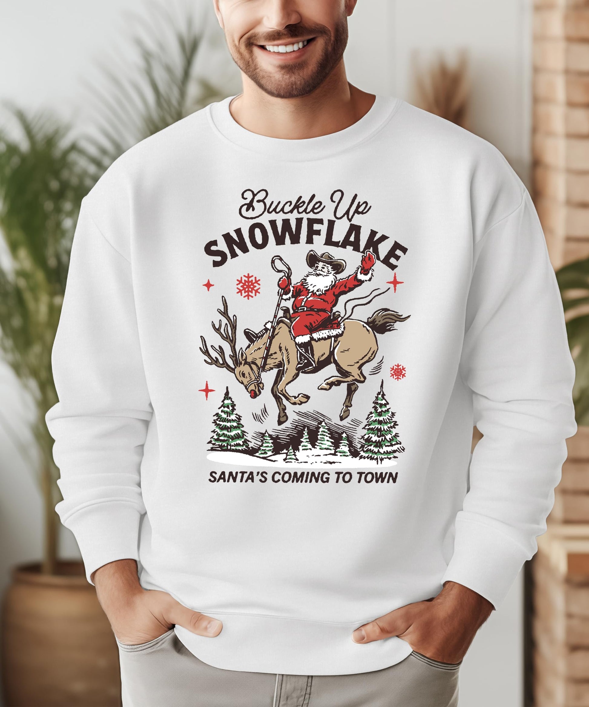 Back or side view of Buckle Up Snowflake unisex holiday sweatshirt in gray for men and women