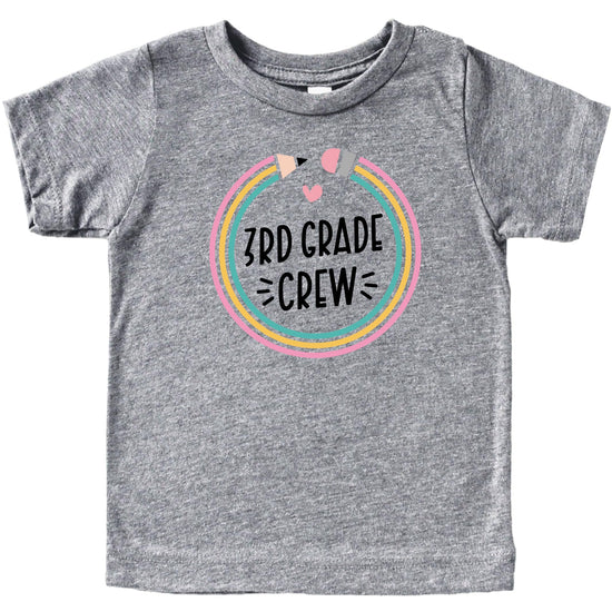 Youth model wearing mauve 3rd Grade Crew back to school pencil shirt