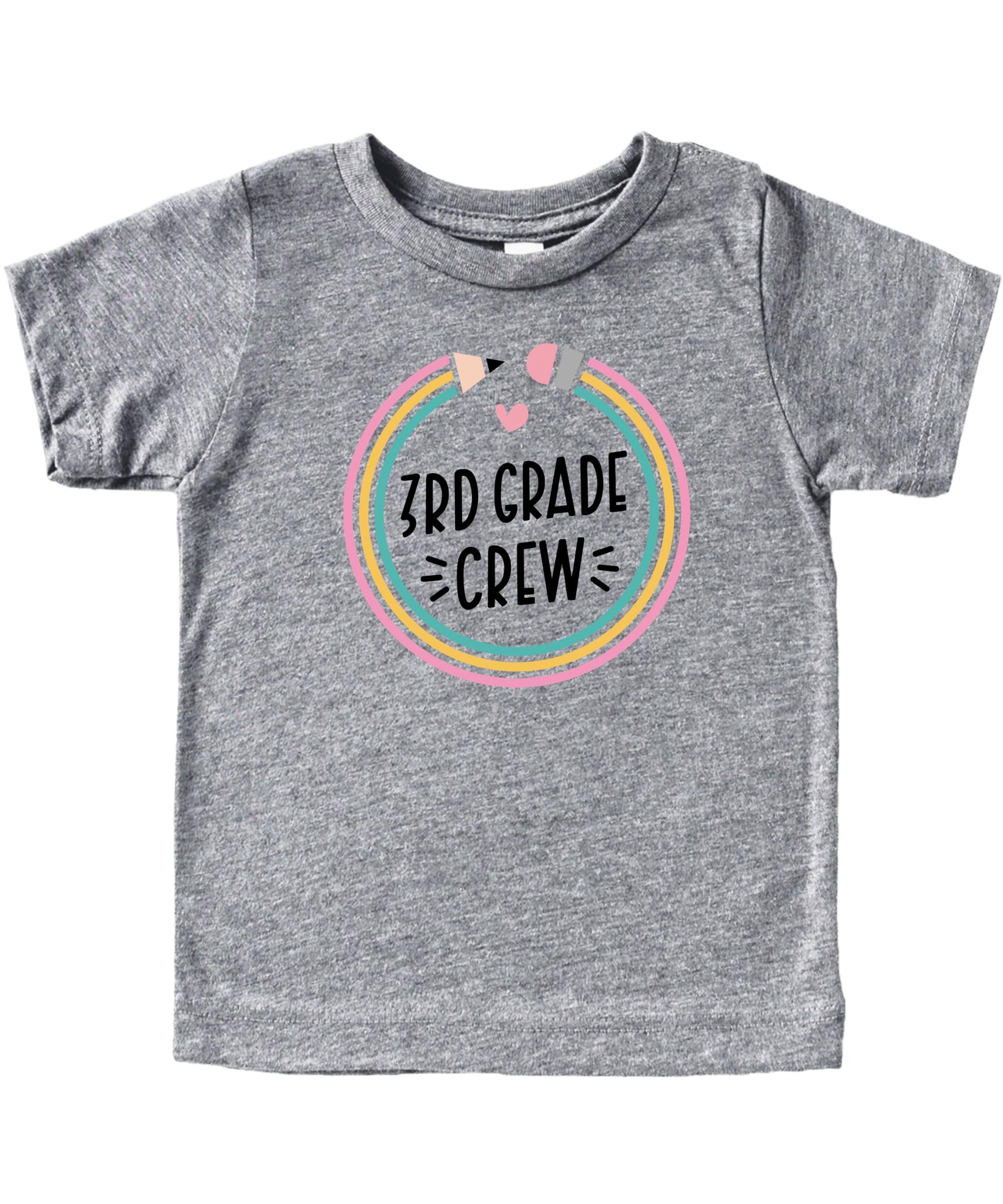 Youth model wearing mauve 3rd Grade Crew back to school pencil shirt