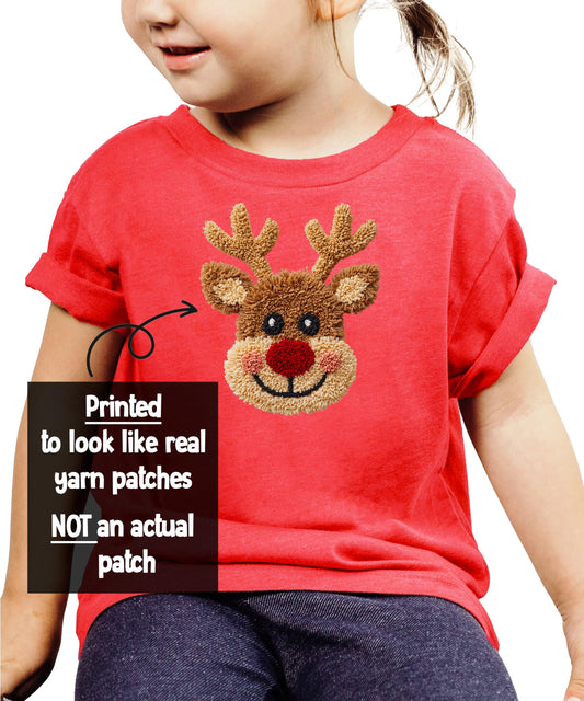 Ink Printed Image NOT a Yarn Patch - Trendy Reindeer Christmas Shirt for Kids and Adults Holiday Tee