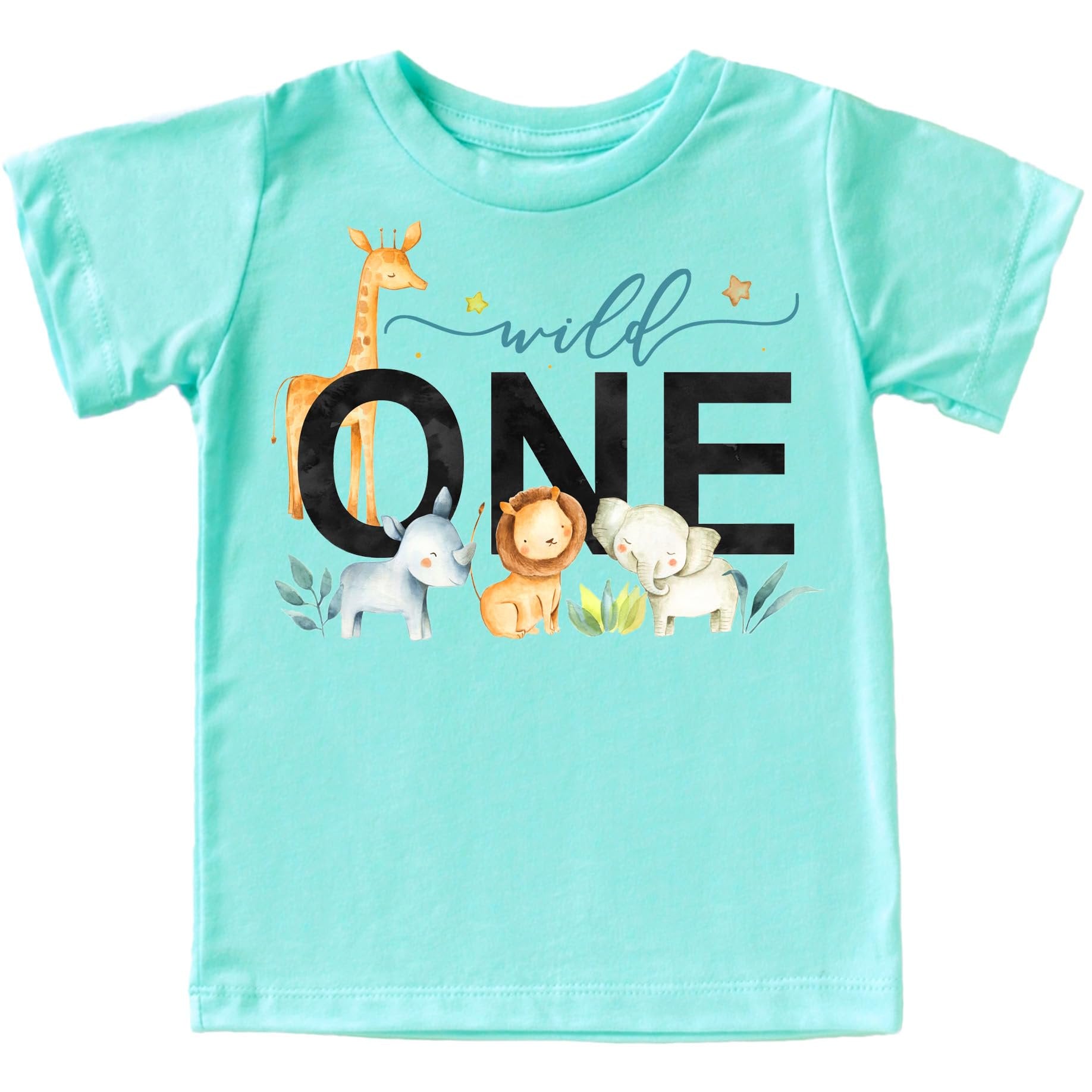 Wild One safari birthday shirt layout showing size and fit details