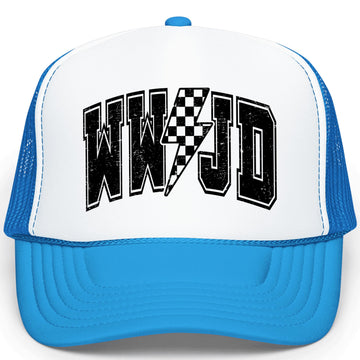 WWJD Checker Lightning Bolt Trucker Hat Foam Front Classic 5 Panel Mesh Snapback