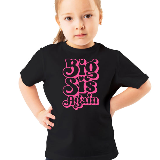 Detail shot of Big Sis Again retro graphic print quality on youth tee