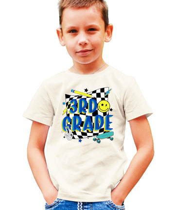 Retro 3rd grade skateboard graphic t-shirt for boys in a natural color, front view