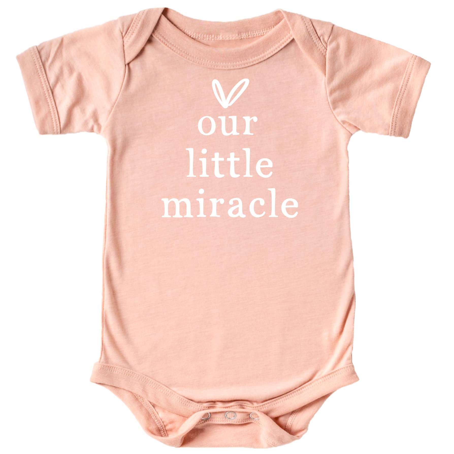 Military green infant snap bodysuit with white Our Little Miracle heart graphic, flat lay