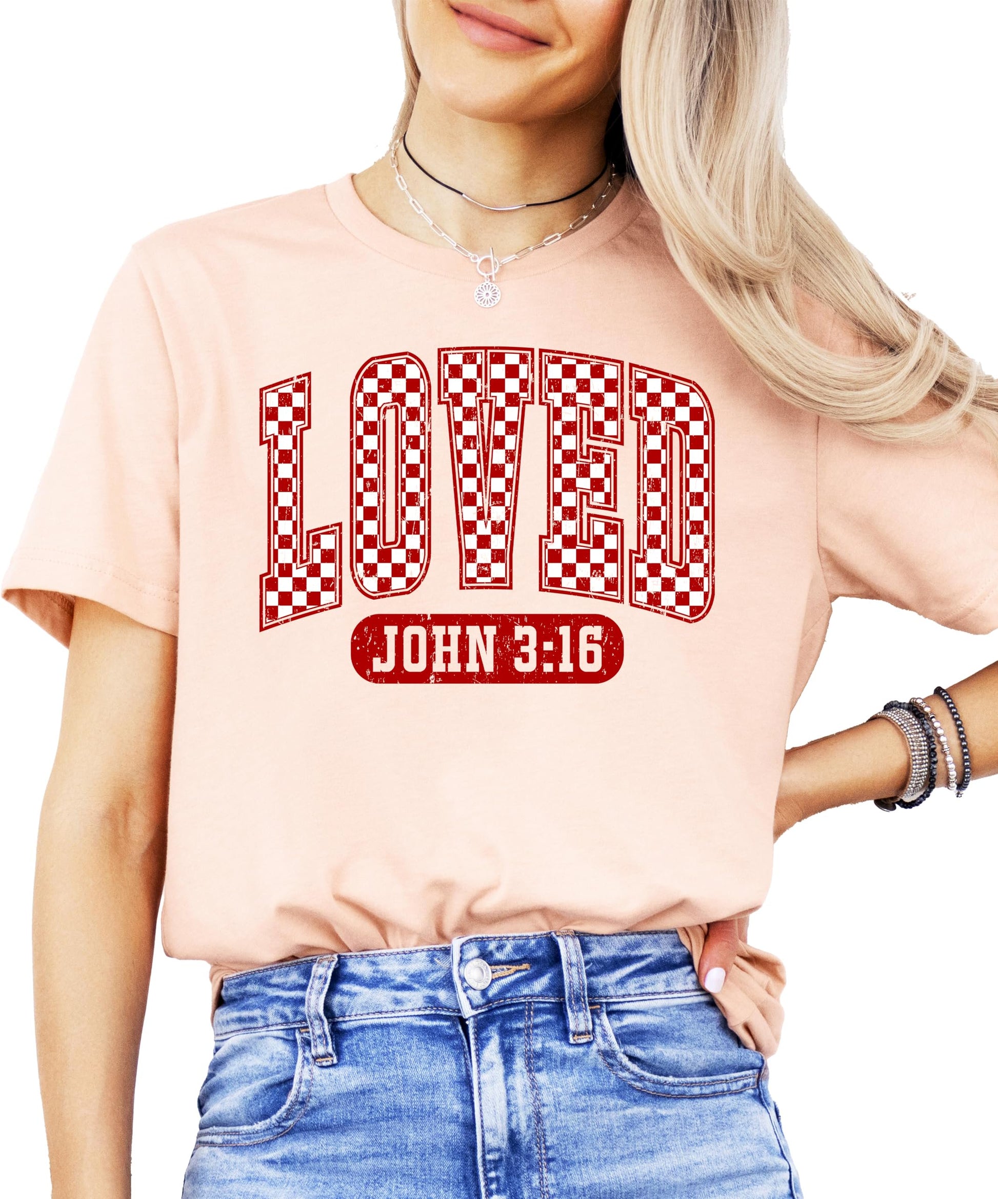 Detail shot of Loved John 3:16 Valentine's Day graphic tee in red checkered pattern