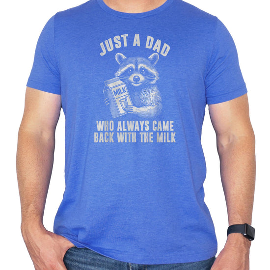 Model wearing Always Came Back With The Milk funny dad shirt in dark gray heather