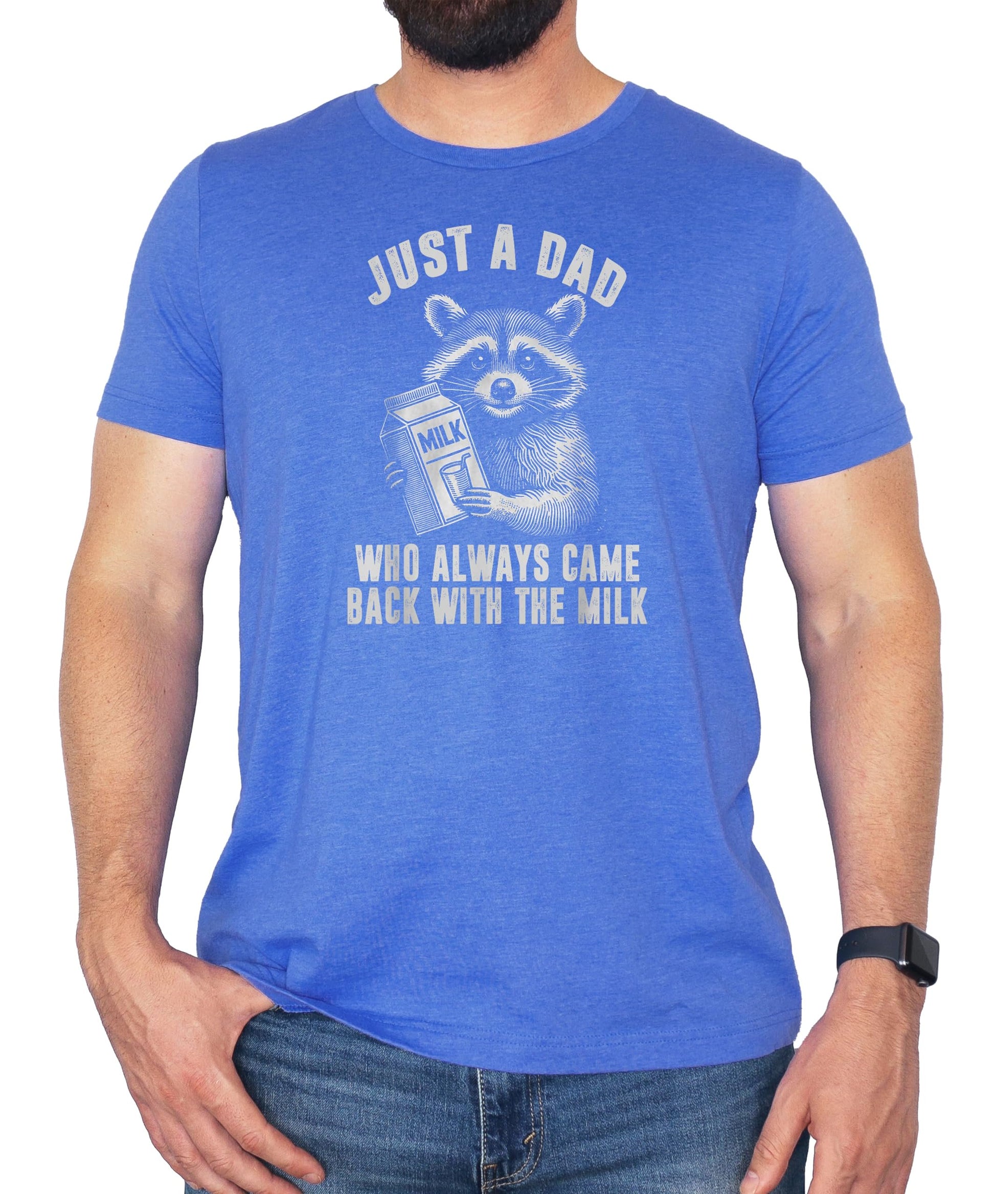 Model wearing Always Came Back With The Milk funny dad shirt in dark gray heather
