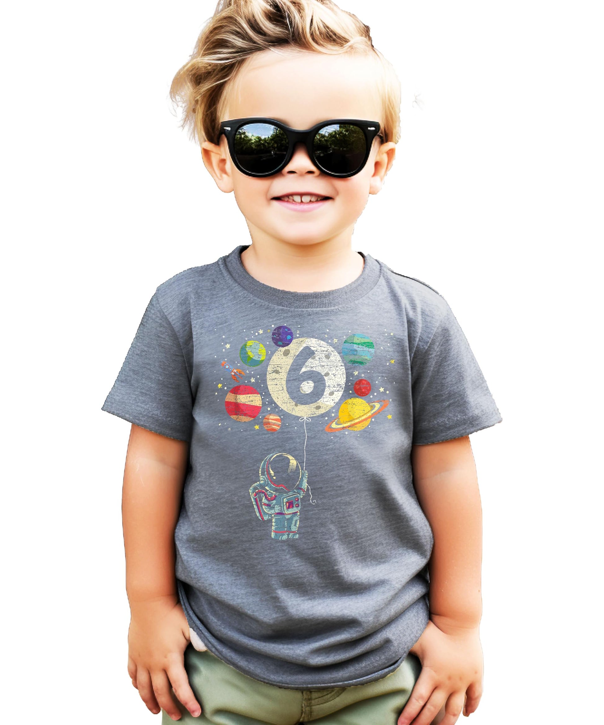Flat lay of youth 6th birthday astronaut tee showing full graphic design detail