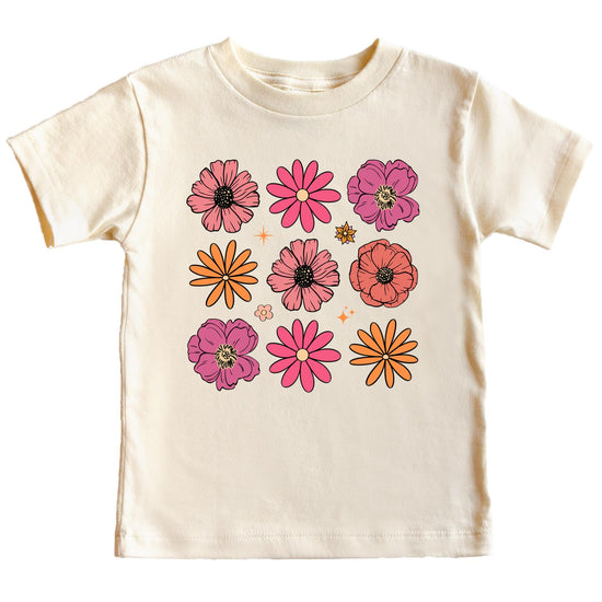 Colorful floral graphic t-shirt for girls and toddlers featuring bright flower print design