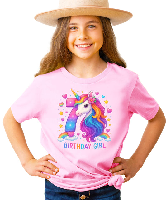 Girls 7th birthday unicorn graphic tee with sparkly rainbow number 7 design on pink shirt