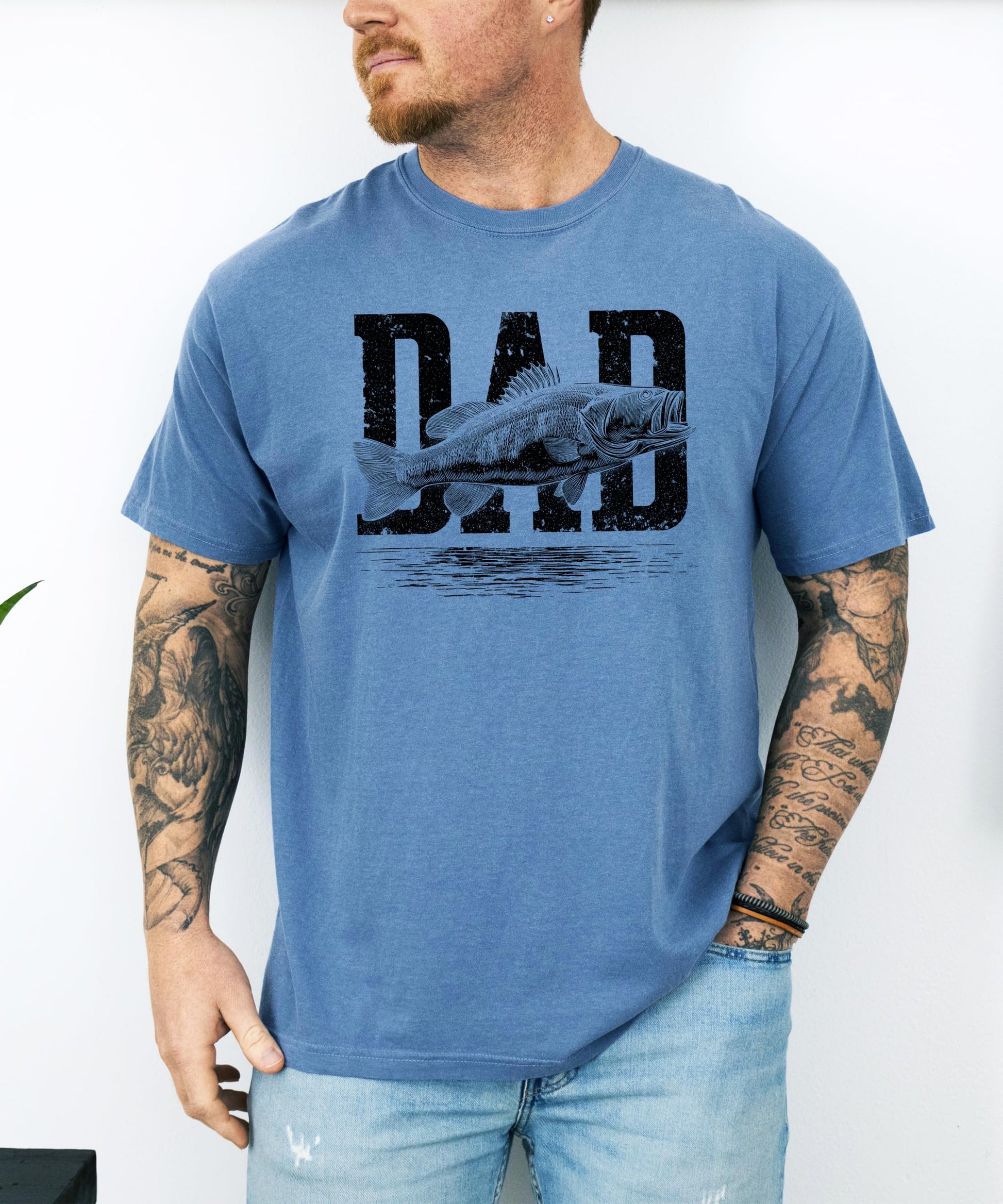 Olive Loves Apple men's fisherman graphic tee shown from back or alternate angle
