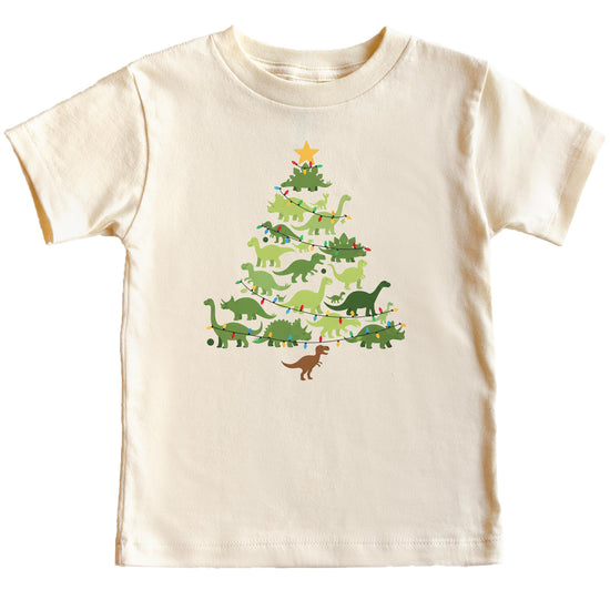 Back view of natural colored shirt showing dinosaur Christmas tree graphic placement